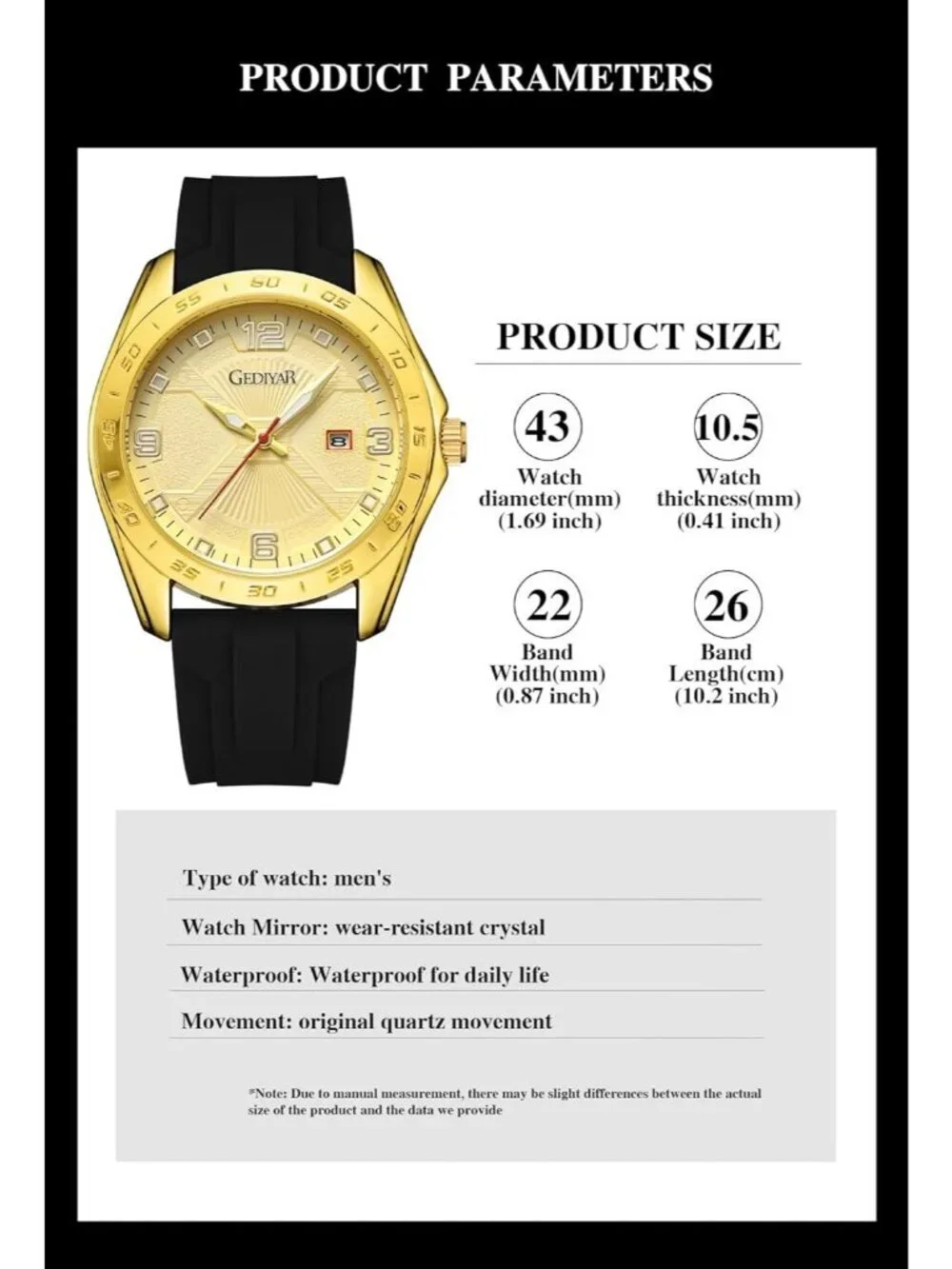 Men's Black And Gold Analog Quartz Stylish Waterproof Silicone Band Wrist Watch